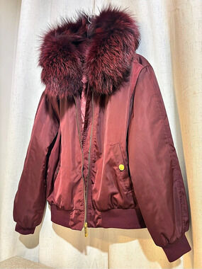 Michael Kors Rabbit / Fox Fur Trimmed Satin Ciré Hooded Bomber Jacket Burgundy S